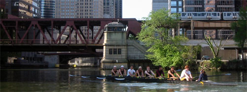 8+ rowing along the Chicago River